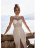 White Sequin Slit Wedding Dress With Detachable Train